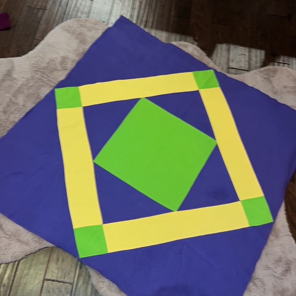 Mardi Gras geometric design yellow purple green felt blanket throw 51” square​​ - Picture 2 of 7